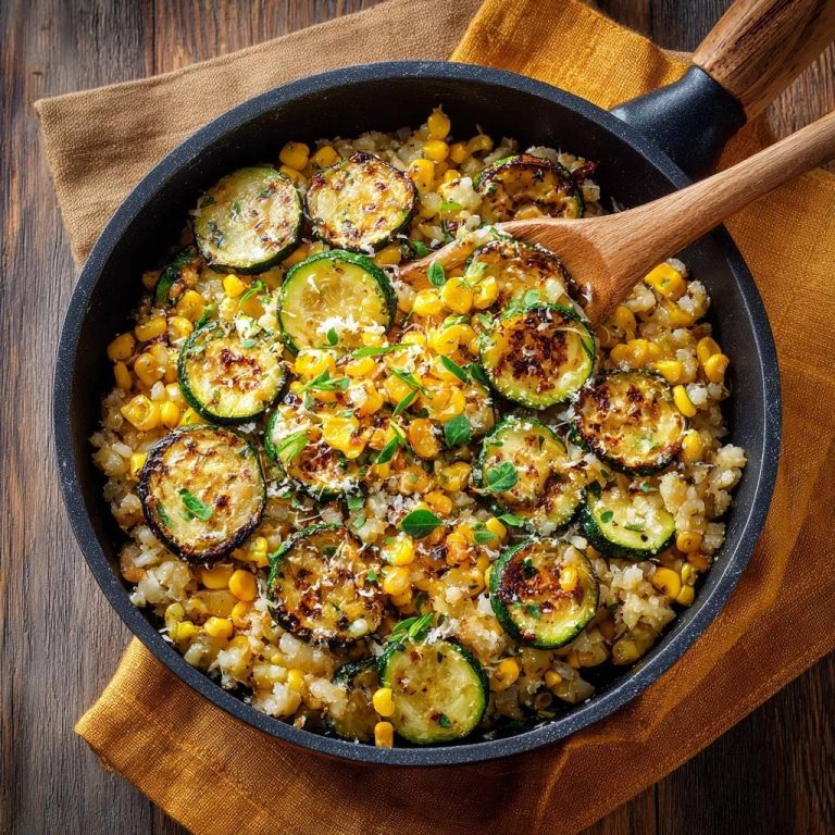 Knuspriger Blumenkohlreis mit Zucchini und Mais, von oben in einer Pfanne mit Holzkochlöffel garniert.