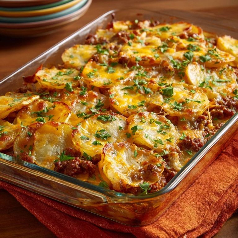 Knuspriger Kartoffel-Hack-Auflauf mit geschmolzenem Käse und Petersilie, Nahaufnahme der überbackenen Kartoffelscheiben.