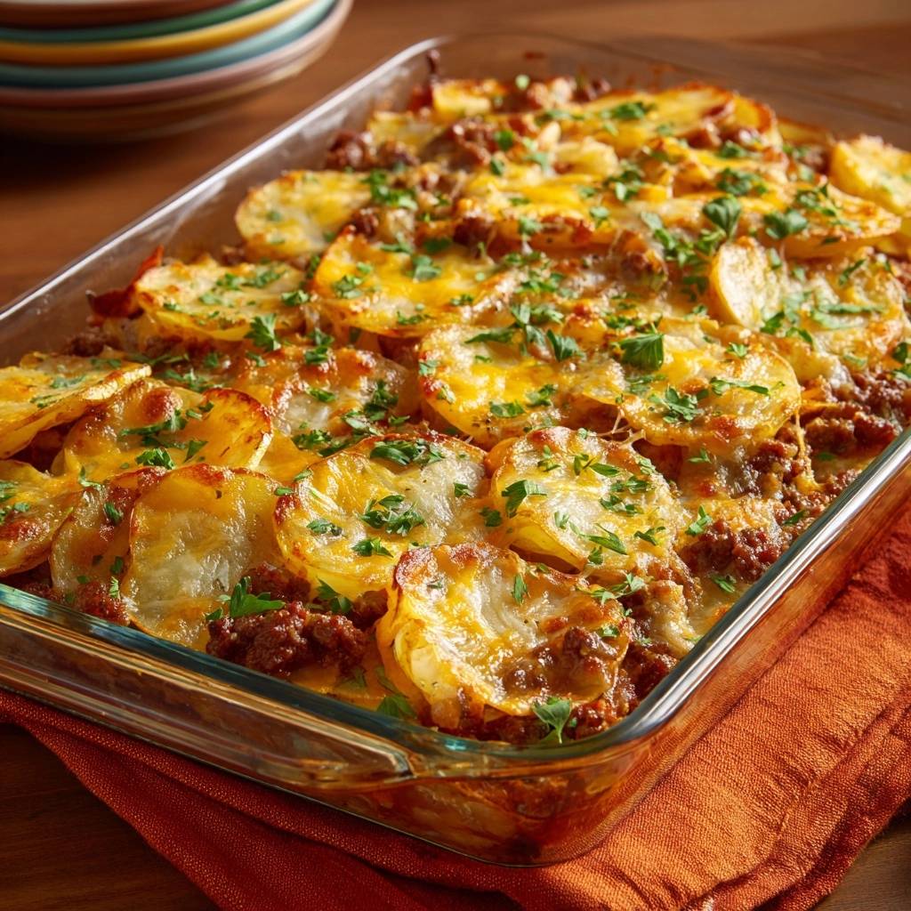Knuspriger Kartoffel-Hack-Auflauf mit geschmolzenem Käse und Petersilie, Nahaufnahme der überbackenen Kartoffelscheiben.
