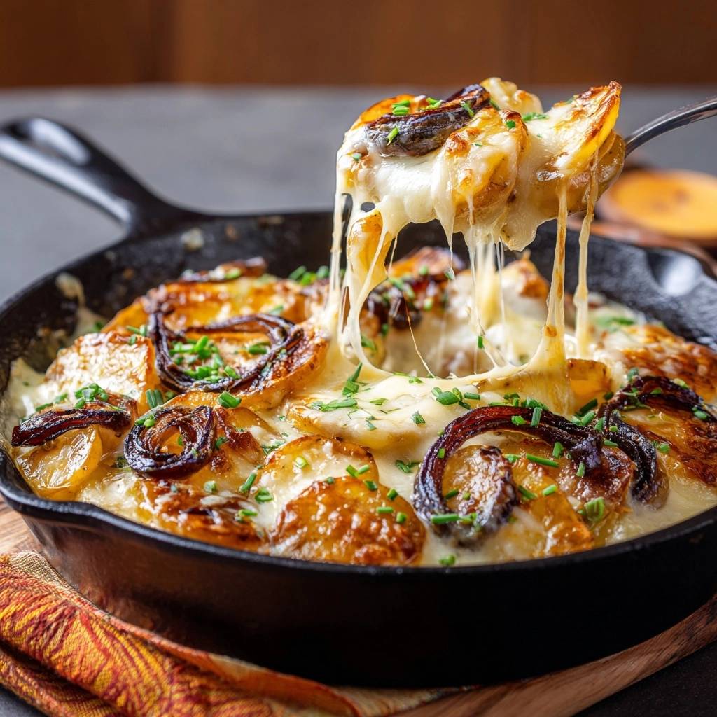 Knuspriger Pfannen-Kartoffelgratin mit Zwiebeln, mit geschmolzenem Käse, der von einer Gabel gezogen wird.