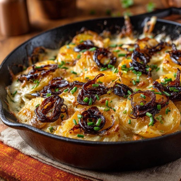 Knuspriger Pfannen-Kartoffelgratin mit Zwiebeln, im Detail mit karamellisierten Zwiebeln und frischen Kräutern garniert.