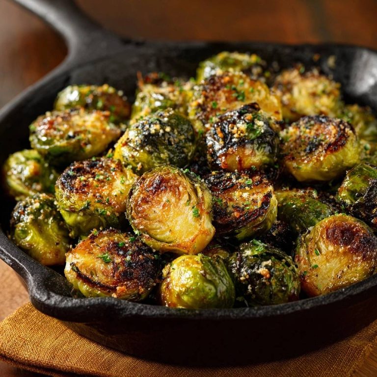 Knuspriger Pfannen-Rosenkohl mit Parmesan und Knoblauch, als Nahaufnahme in einer Gusseisenpfanne gezeigt.