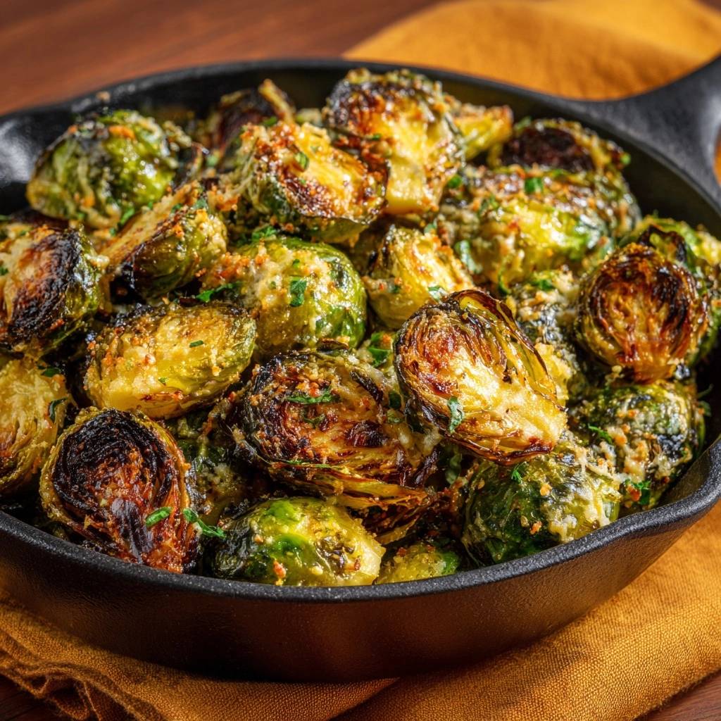 Knuspriger Pfannen-Rosenkohl mit Parmesan & Knoblauch, im Querschnitt mit Käse und Kräutern in der Pfanne gezeigt.