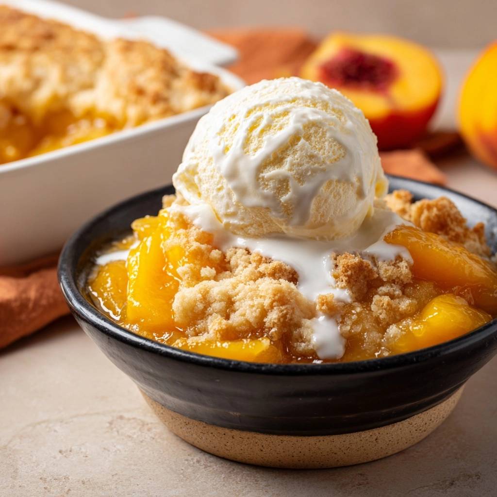 Knuspriger Pfirsich-Crumble als Einzelportion in einer Schüssel mit einer Kugel Vanilleeis und geschmolzenem Eis.
