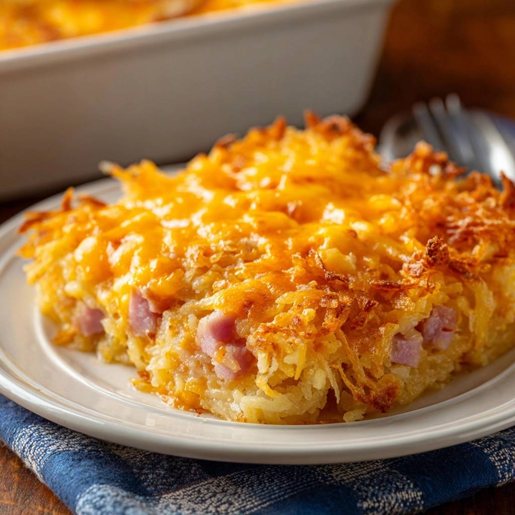 Knuspriger Kartoffel-Pute-Käse-Auflauf als Anschnitt auf einem Teller, serviert mit geschmolzenem Käse und Kartoffel-Gratin