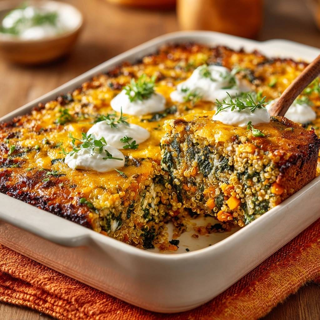 Knuspriger Quinoa-Spinat-Karotten-Auflauf angeschnitten mit einem Holzlöffel, garniert mit Sauerrahm und Kräutern.