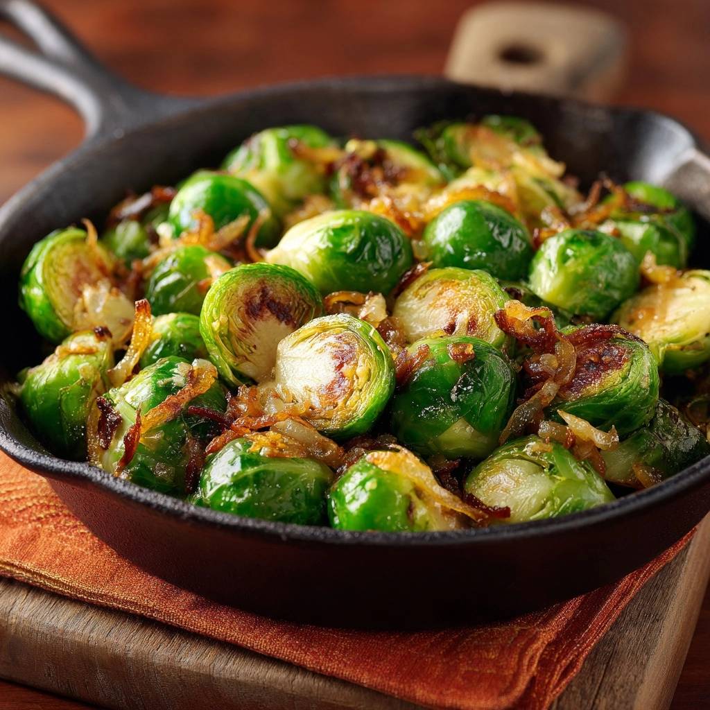 Knuspriger Rosenkohl mit karamellisierten Zwiebeln, nahaufnahme eines angeschnittenen Krauts mit sichtbarem Inneren.