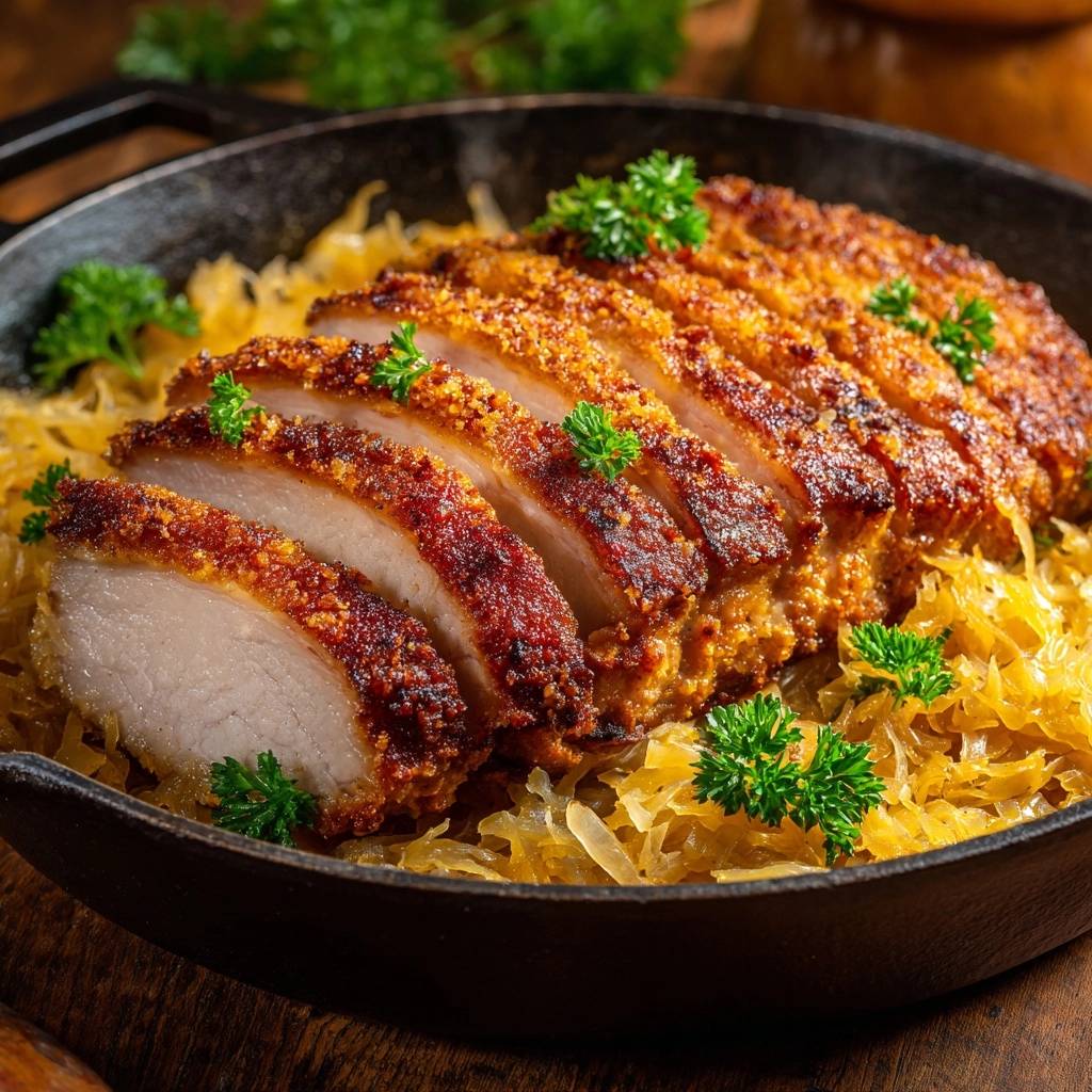 Knuspriger Schweinebraten mit Sauerkraut, in Scheiben geschnitten und in einer gusseisernen Pfanne serviert, garniert mit Petersilie.