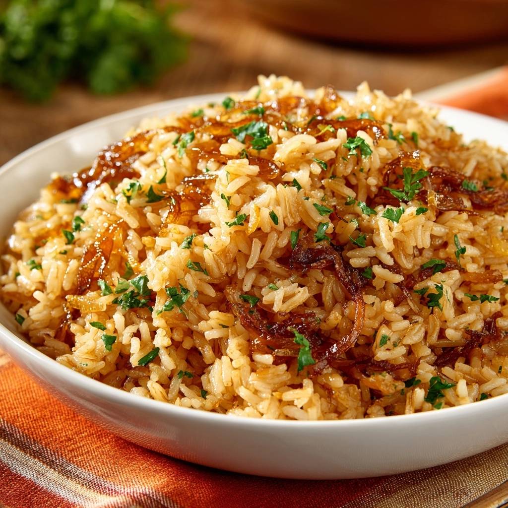 Knuspriger Zwiebelreis mit frischer Petersilie und karamellisierten Zwiebeln, nahaufnahme der garnierten Oberfläche.