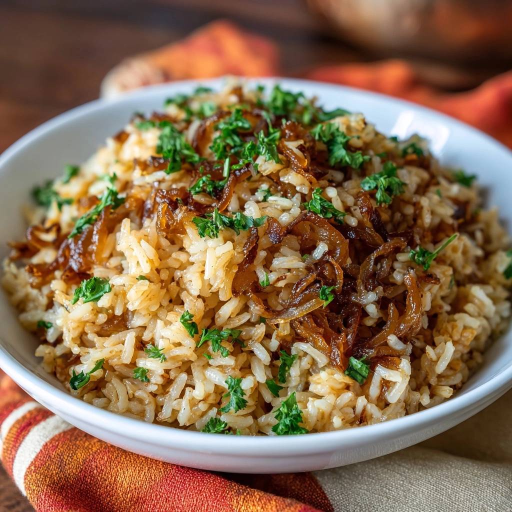 Knuspriger Zwiebelreis mit frischer Petersilie als Garnitur in einer weißen Schüssel, nahaufnahme