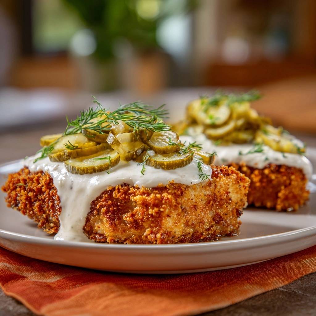 Knuspriges Hähnchen mit Dill-Gurken-Sauce, garniert mit Dill und Gurkenscheiben auf einem Teller.