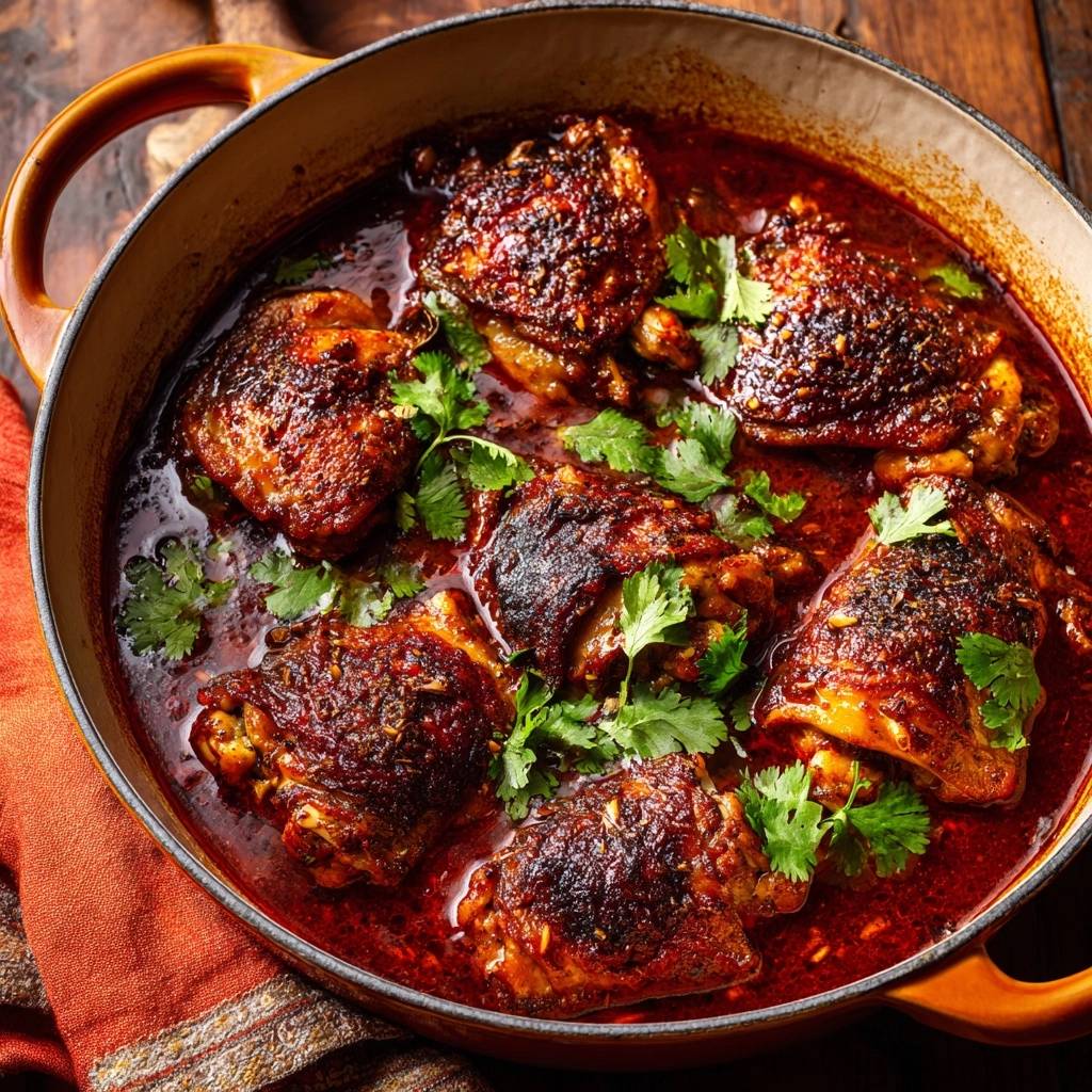 Knuspriges Hähnchen in würziger Tomatensoße, appetitlich in einem Topf mit frischen Kräutern garniert serviert.