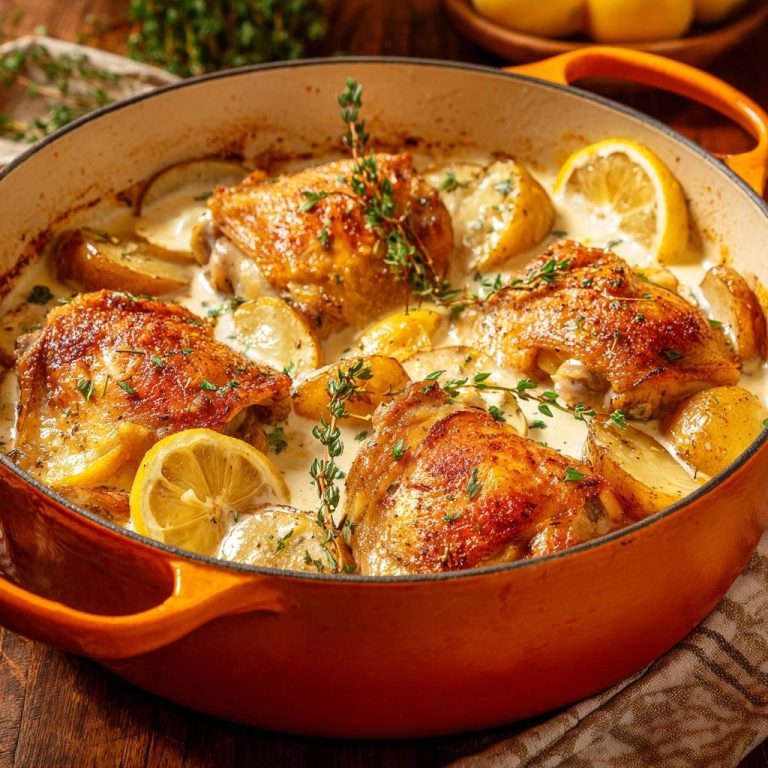 Knuspriges Hähnchen mit Kartoffeln in Zitronen-Sahne, ein Schmorgericht in einem orangefarbenen Gusseisentopf, garniert mit frischem Thymian.