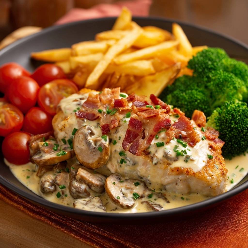 Knuspriges Hähnchen mit Pilz-Bacon-Rahmsauce, serviert mit Pommes, Brokkoli und Tomaten, Nahaufnahme der Sauce und Beilagen.
