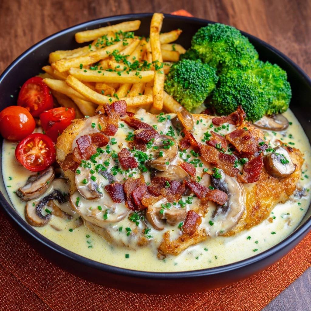 Knuspriges Hähnchen mit Pilz-Bacon-Rahmsauce, serviert mit Pommes und Brokkoli, eine köstliche Nahaufnahme der cremigen Sauce.
