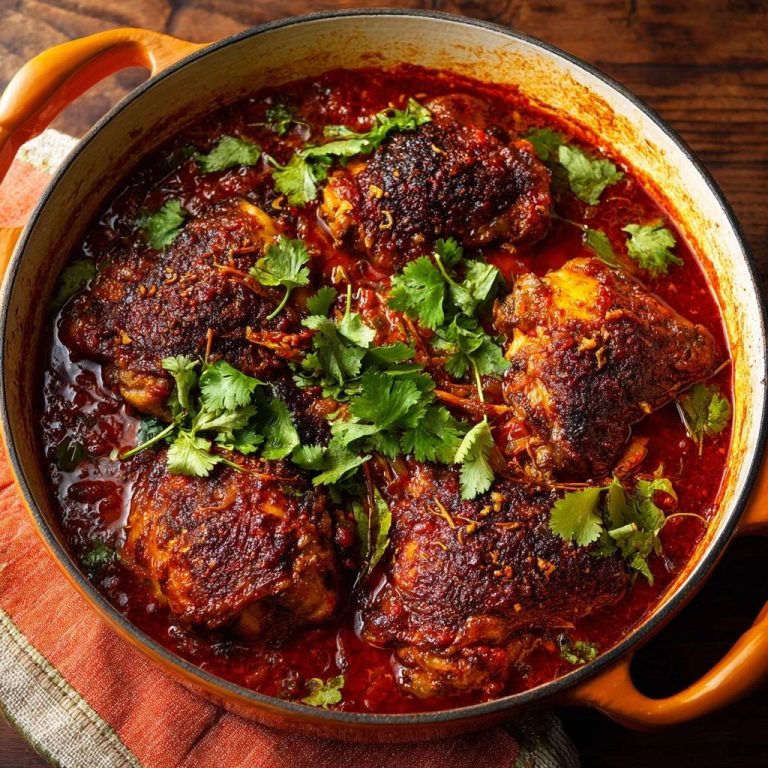 Knuspriges Hähnchen in würziger Tomatensoße von oben in einem Topf mit frischem Koriander garniert serviert.