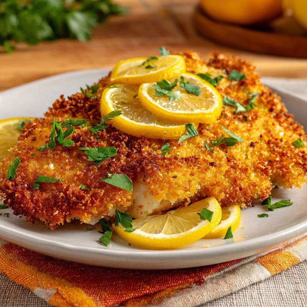 Knuspriges Hähnchenschnitzel, goldbraun paniert und mit frischen Zitronenscheiben und Petersilie garniert auf einem Teller serviert.