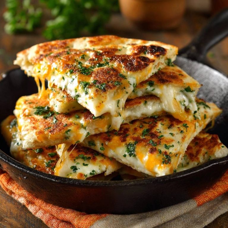 Knuspriges Käse-Petersilien-Pfannbrot angeschnitten, mit geschmolzenem Käse und gehackter Petersilie, serviert in einer gusseisernen Pfanne.