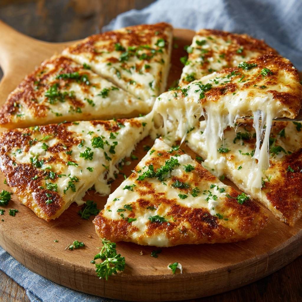 Knuspriges Käse-Petersilienbrot angeschnitten, mit köstlichem Käsezug und frischer Petersilie bestreut auf einem Holzbrett.