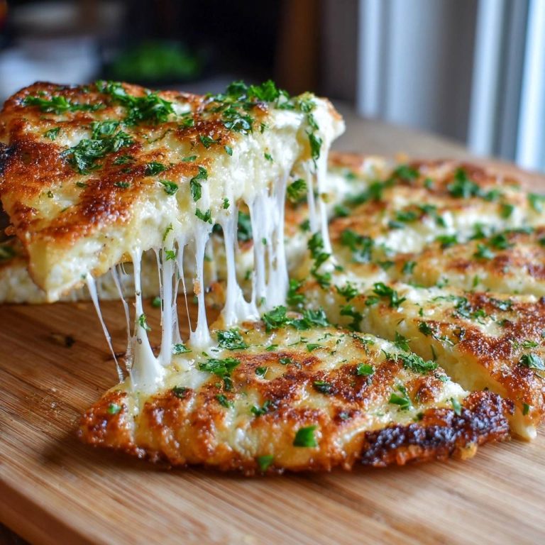 Knuspriges Käse-Petersilienbrot mit langen Käsefäden, die beim Anheben einer Scheibe sichtbar sind.