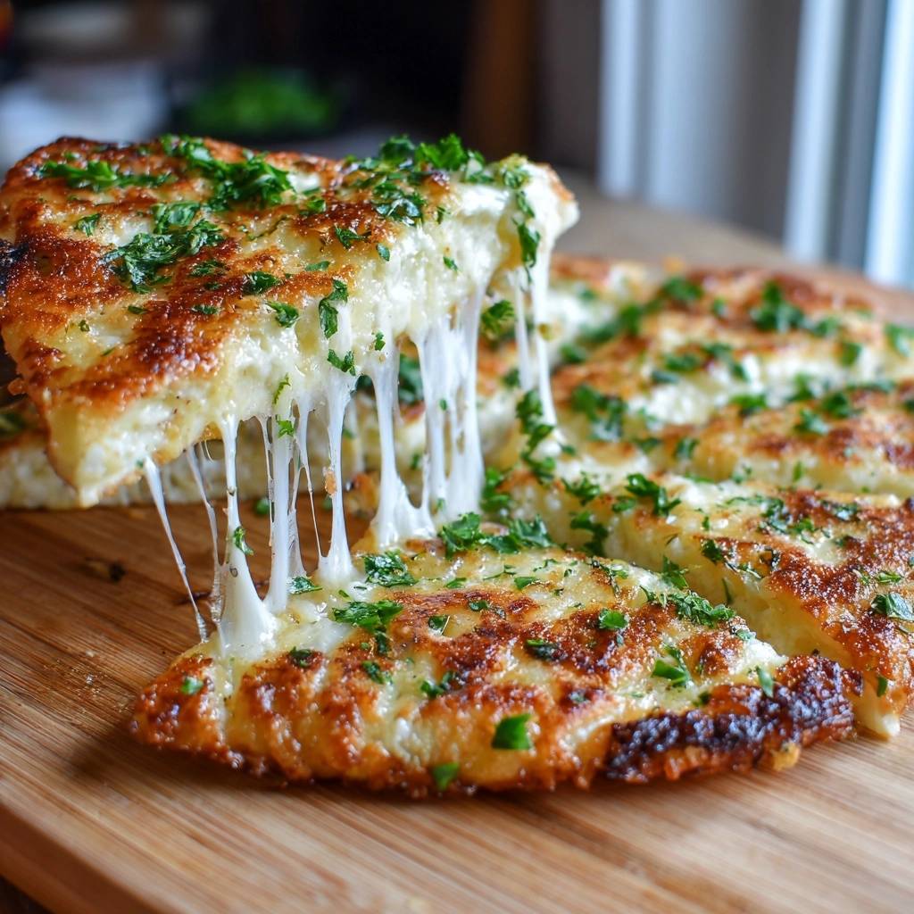Knuspriges Käse-Petersilienbrot mit langen Käsefäden, die beim Anheben einer Scheibe sichtbar sind.