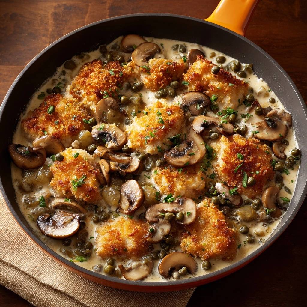 Knuspriges Panierhähnchen mit Champignons, Kapern und Sahnesoße, serviert in einer Pfanne und garniert mit frischer Petersilie.