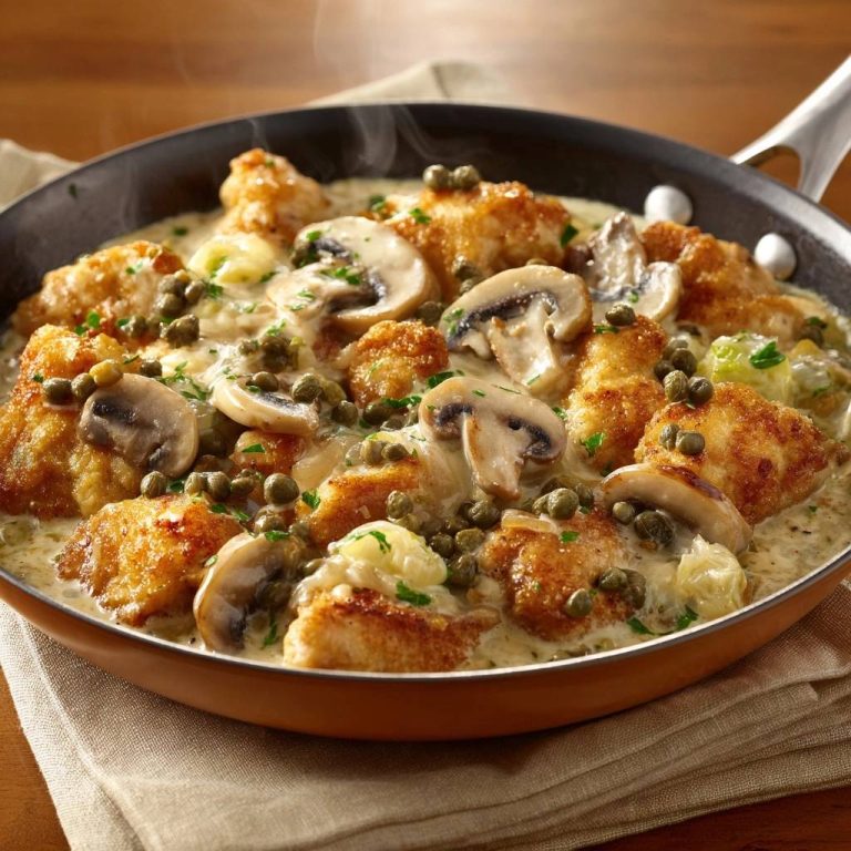 Knuspriges Panierhähnchen mit Champignons, Kapern und Sahnesoße wird dampfend in einer Pfanne serviert.