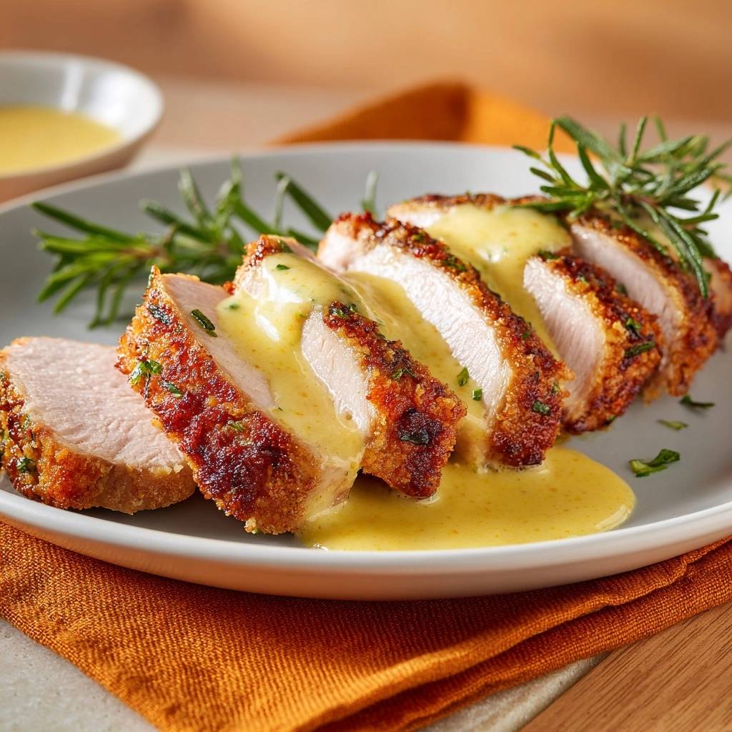 Knuspriges Rosmarin-Schweinefilet mit cremiger Senfsauce, angeschnitten und mit Rosmarin garniert auf einem Teller serviert.