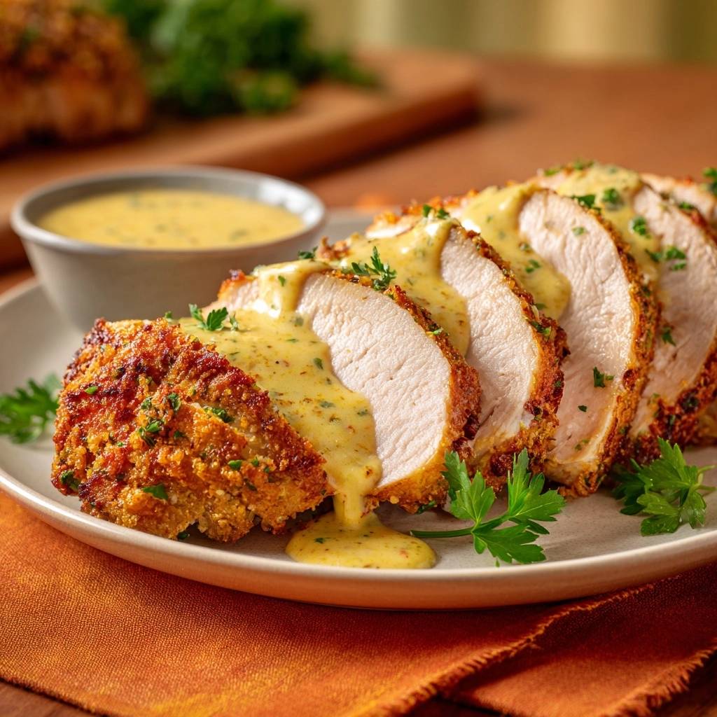 Knuspriges Rosmarin-Schweinefilet mit cremiger Senfsauce, angeschnitten und mit frischer Petersilie garniert, serviert auf einem Teller