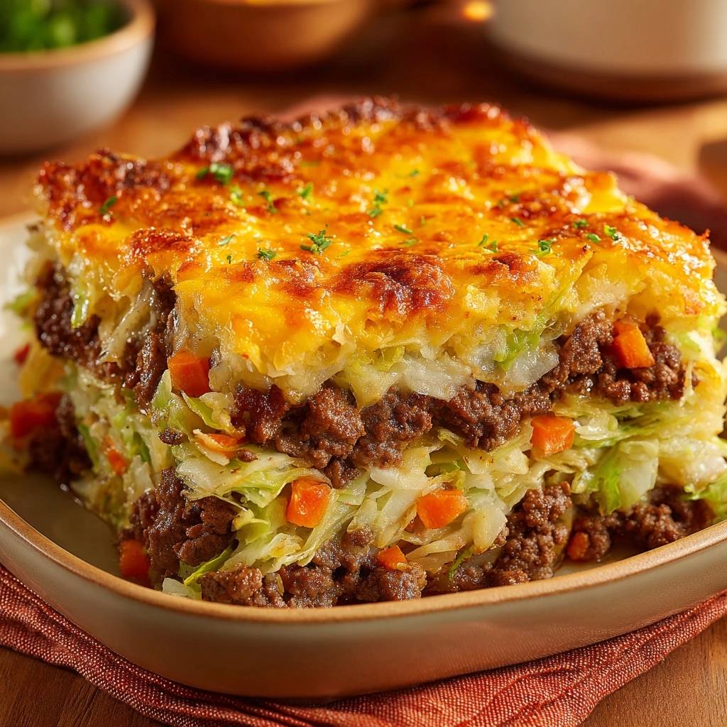Kohl-Hack-Lasagne im Querschnitt mit geschmolzener Käsekruste, die die geschichteten Kohl- und Hackfleischlagen zeigt.