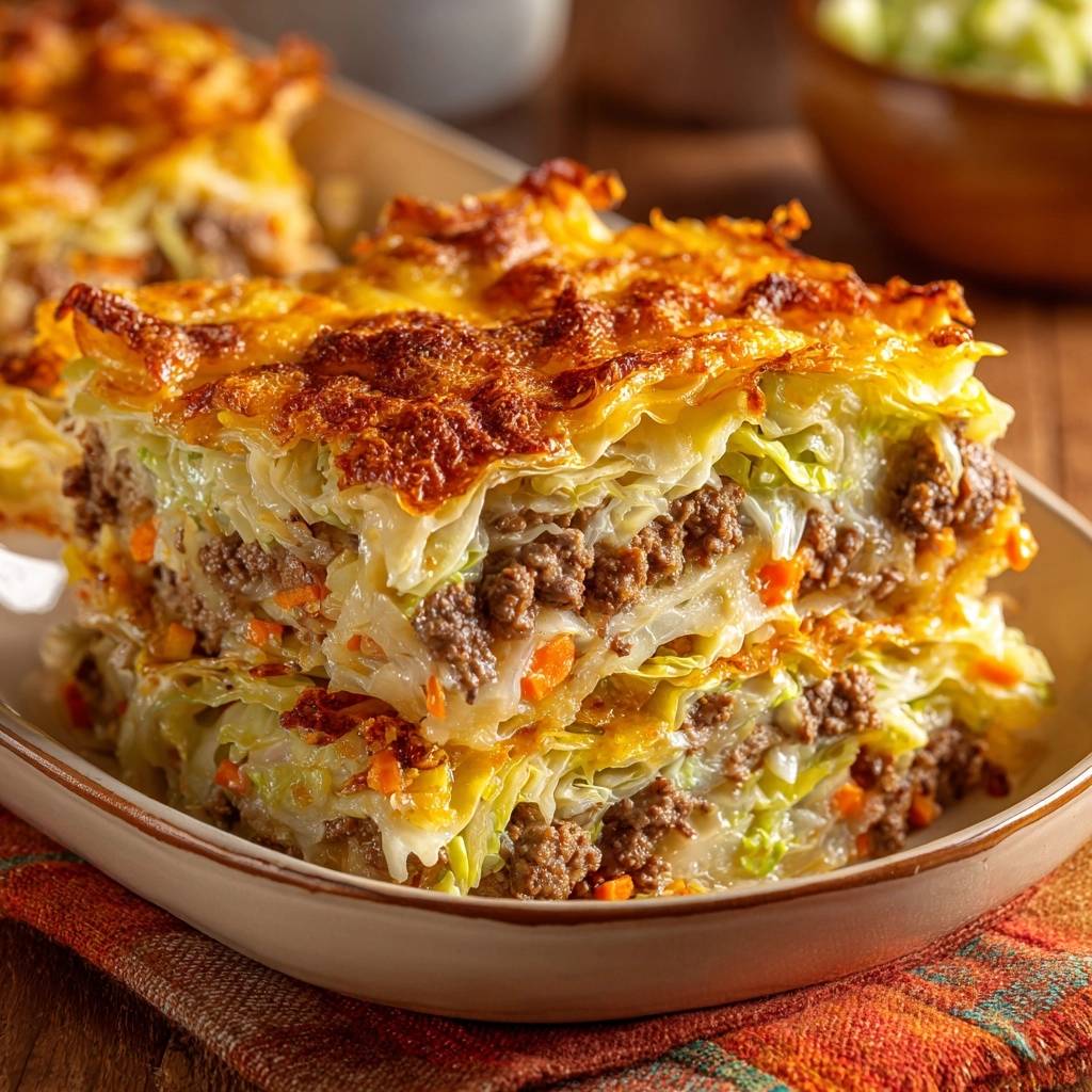 Kohl-Hack-Lasagne im Querschnitt mit geschichtetem Kohl, Hackfleisch und Karotten, überbacken mit goldbraunem Käse.