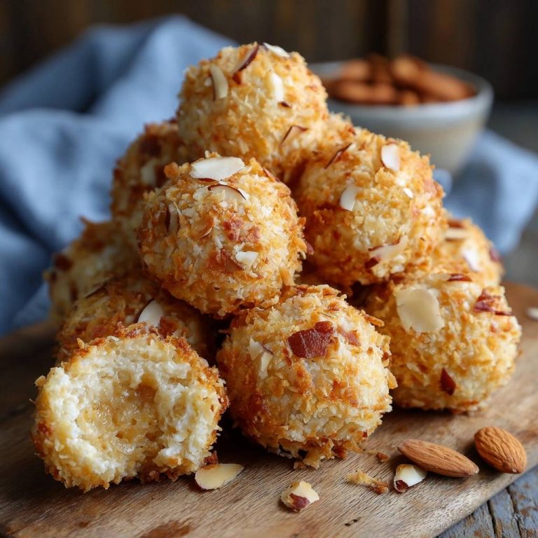 Knusprige Kokos-Bacon-Mandel-Bällchen angeschnitten, die das saftige Innere und die Textur der Zutaten zeigen.