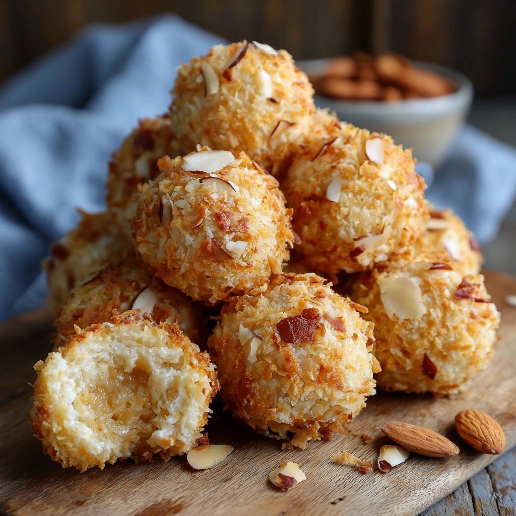 Knusprige Kokos-Bacon-Mandel-Bällchen angeschnitten, die das saftige Innere und die Textur der Zutaten zeigen.