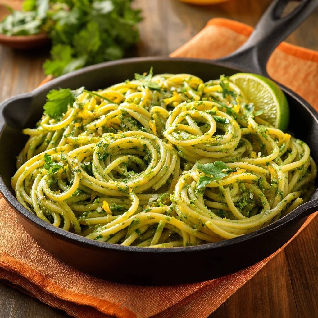 Koriander-Limetten-Spaghetti als Nahaufnahme in einer Pfanne mit frischer Limettenspalte und Kräutern garniert.