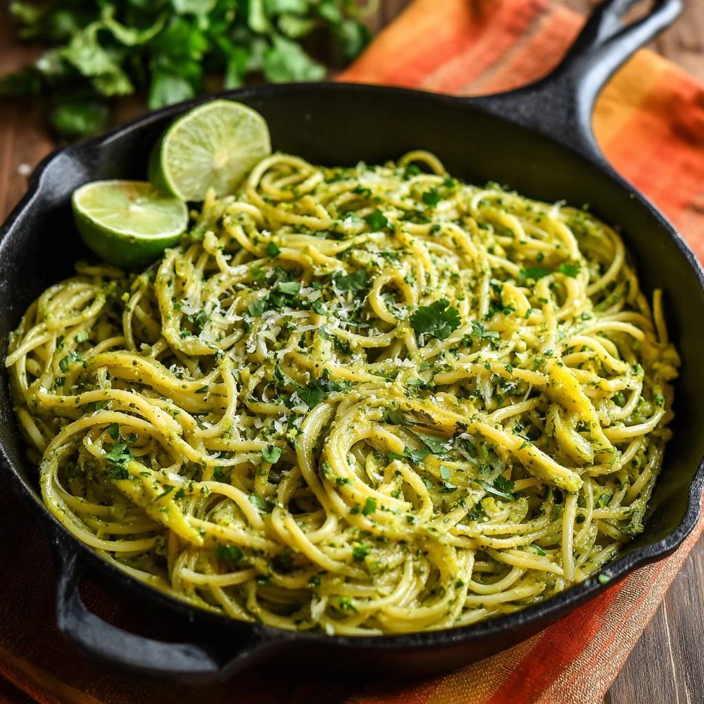 Koriander-Limetten-Spaghetti in einer gusseisernen Pfanne mit Limettenspalten und frisch gehackter Petersilie garniert