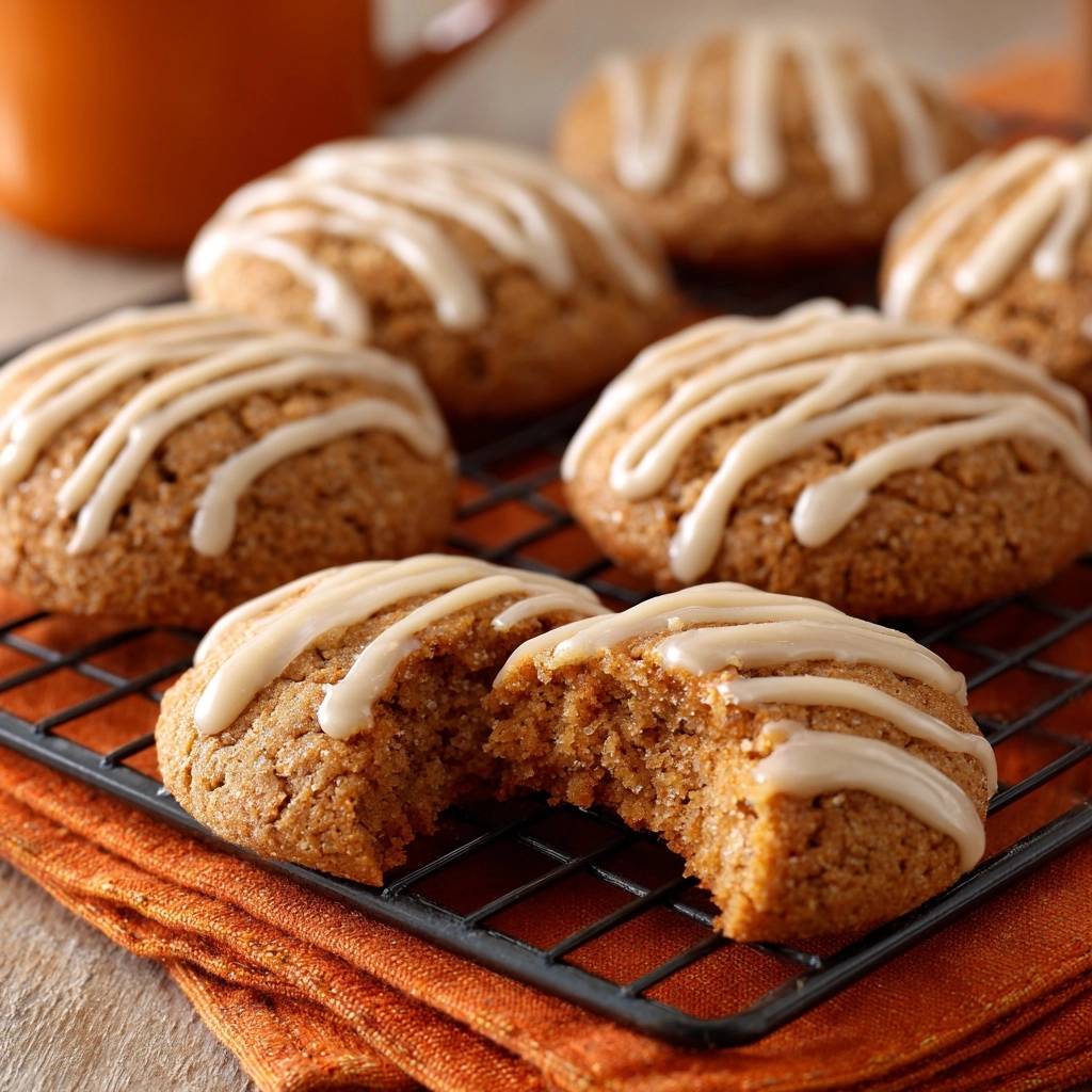 Saftige Kürbis-Hafer-Cookies mit cremigem Guss, eine Cookie ist angeschnitten und zeigt die saftige Innenseite.