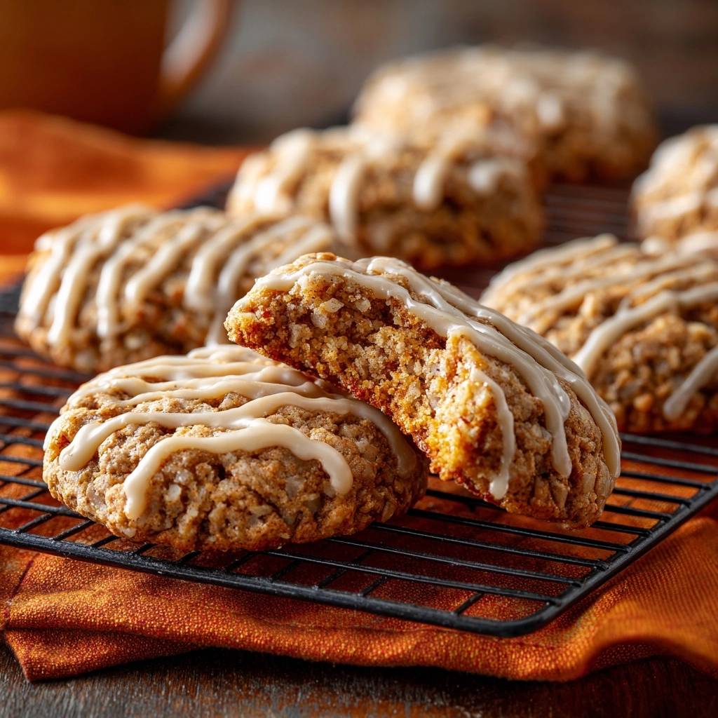 Saftige Kürbis-Hafer-Cookies mit cremigem Guss, angeschnitten auf einem Kuchengitter, zeigen die Textur.