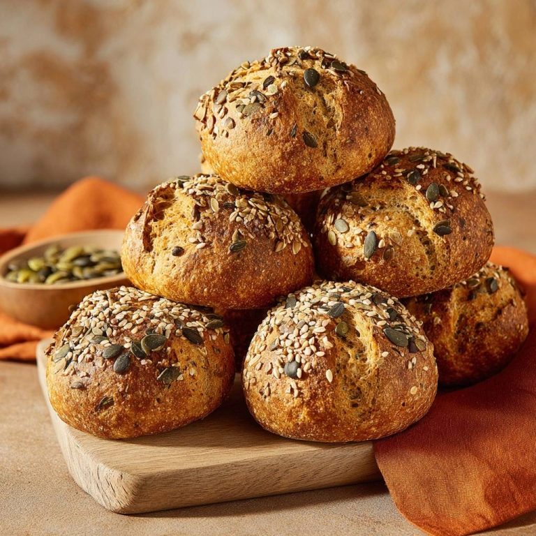 Knusprige Kürbiskernbrötchen, gestapelt auf einem Holzbrett, mit vielen Saaten und Kürbiskernen bestreut.
