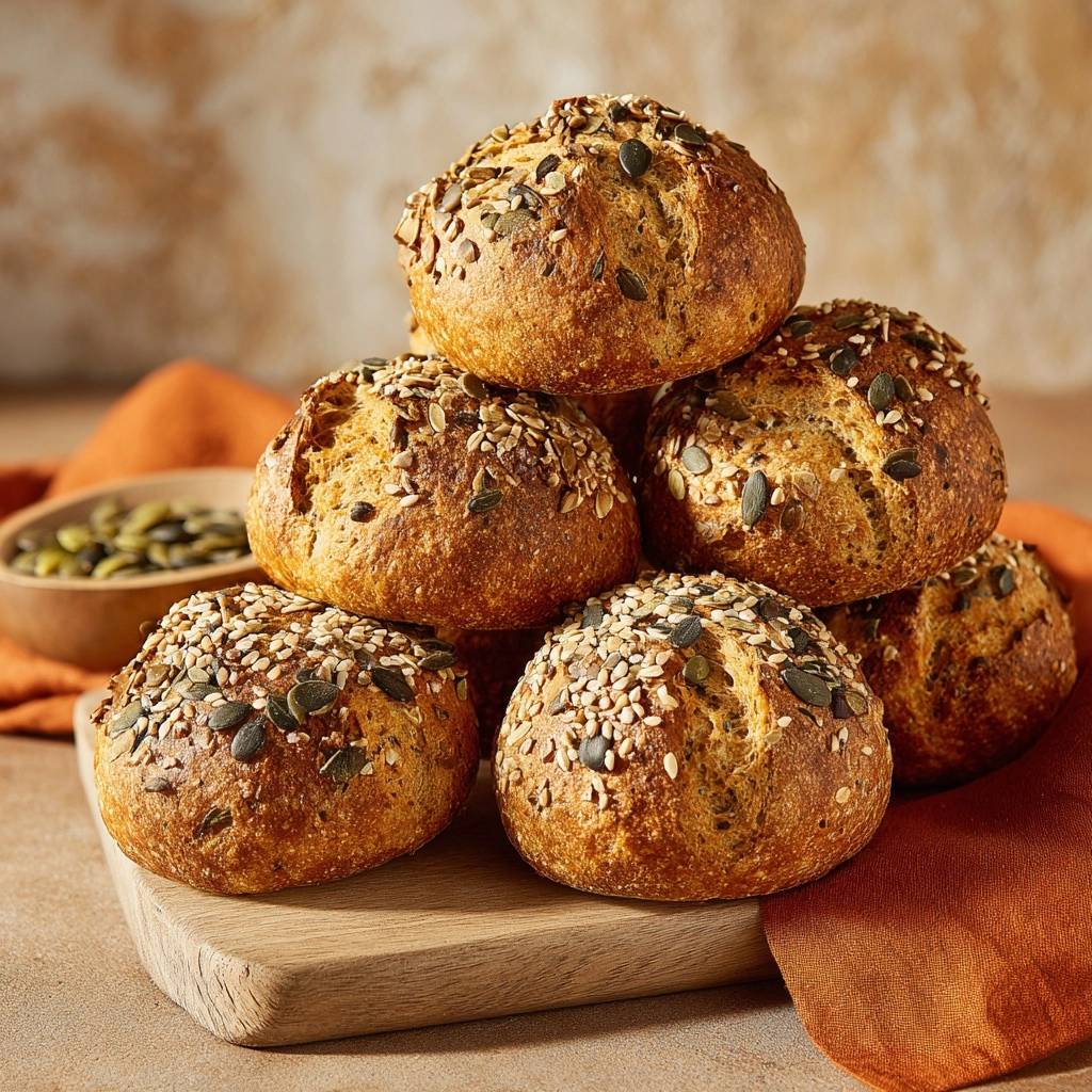 Knusprige Kürbiskernbrötchen, gestapelt auf einem Holzbrett, mit vielen Saaten und Kürbiskernen bestreut.
