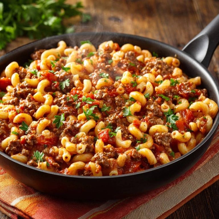 One-Pot-Hack-Makkaroni al dente in 30 Min, dampfend in einer Pfanne serviert mit gehackter Petersilie garniert.