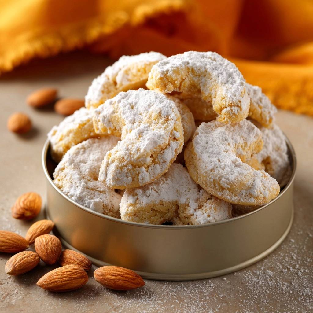 Knusprige Mandelkipferl mit Puderzucker bedeckt, in einem goldenen Blech mit Mandeln drumherum.