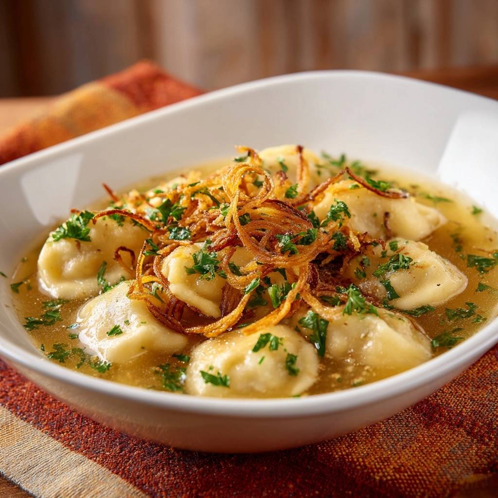 Maultaschen in goldener Brühe mit knusprigen Zwiebeln, serviert in einer weißen Schüssel mit frischer Petersilie garniert.