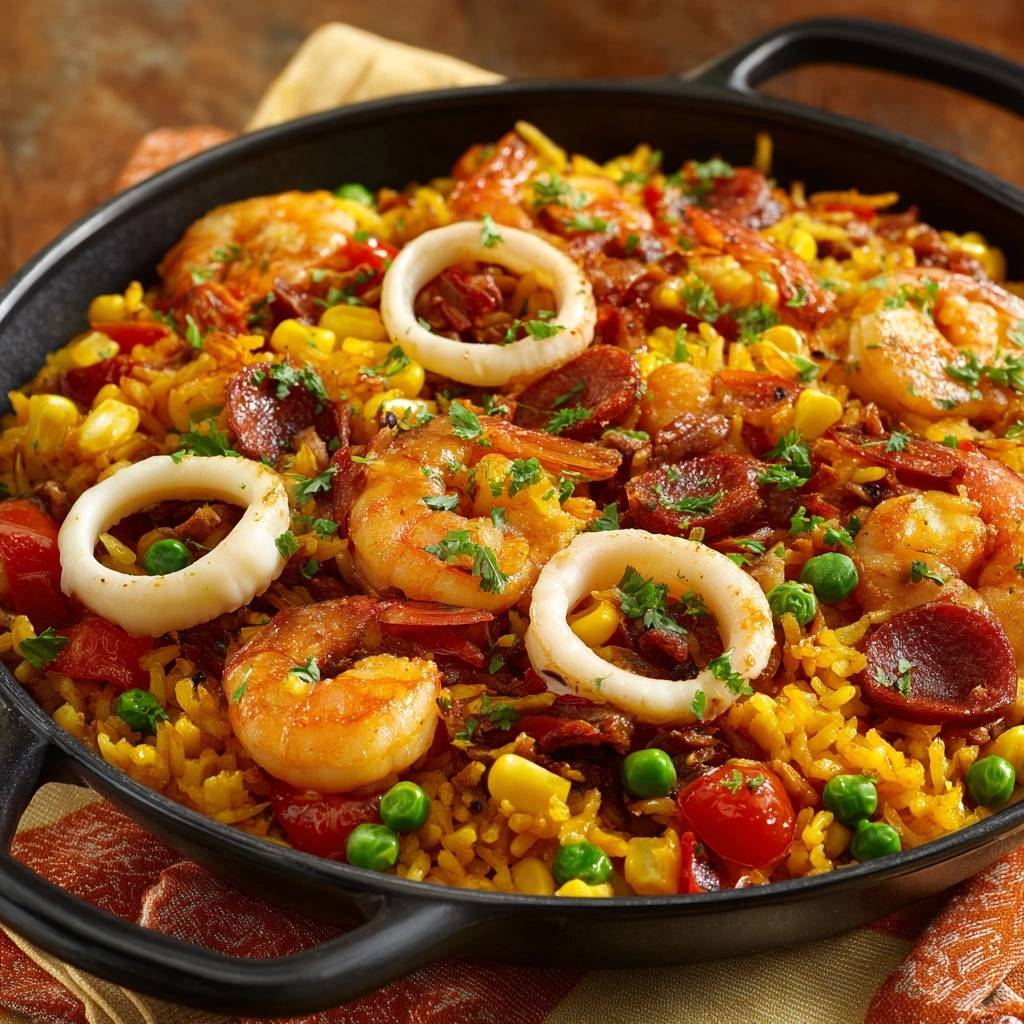 Meeresfrüchte-Paella mit Chorizo, nahaufnahme eines Gargerichts mit Garnelen, Tintenfischringen und Reis.