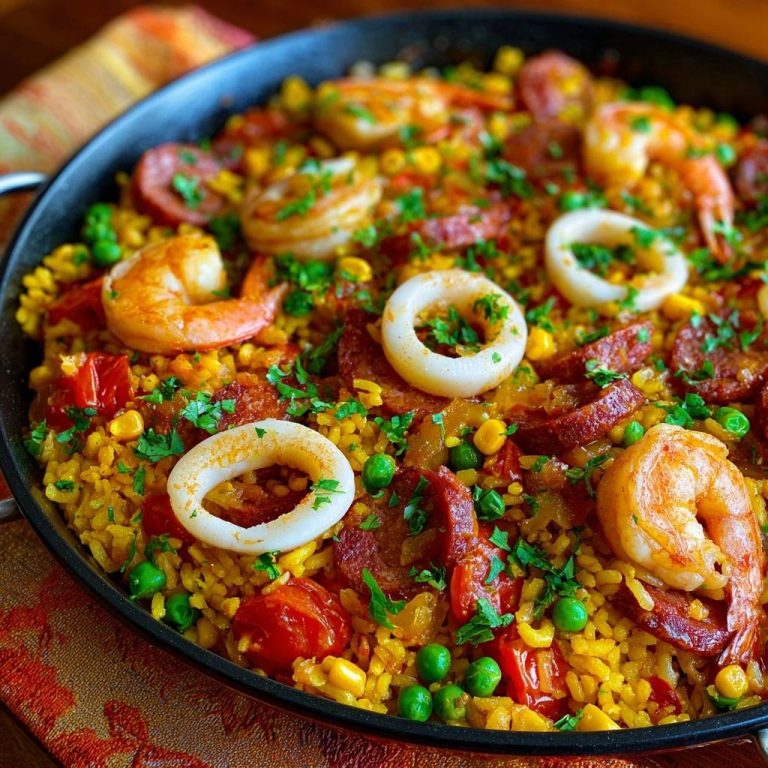 Meeresfrüchte-Paella mit Chorizo, eine Nahaufnahme des saftigen Reises mit Garnelen, Tintenfischringen und Erbsen.