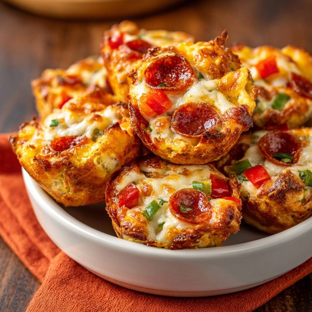 Knusprige Mini-Pizza-Muffins mit Pepperoni & Paprika, nah aufgenommen in einer weißen Schüssel mit orangener Serviette.