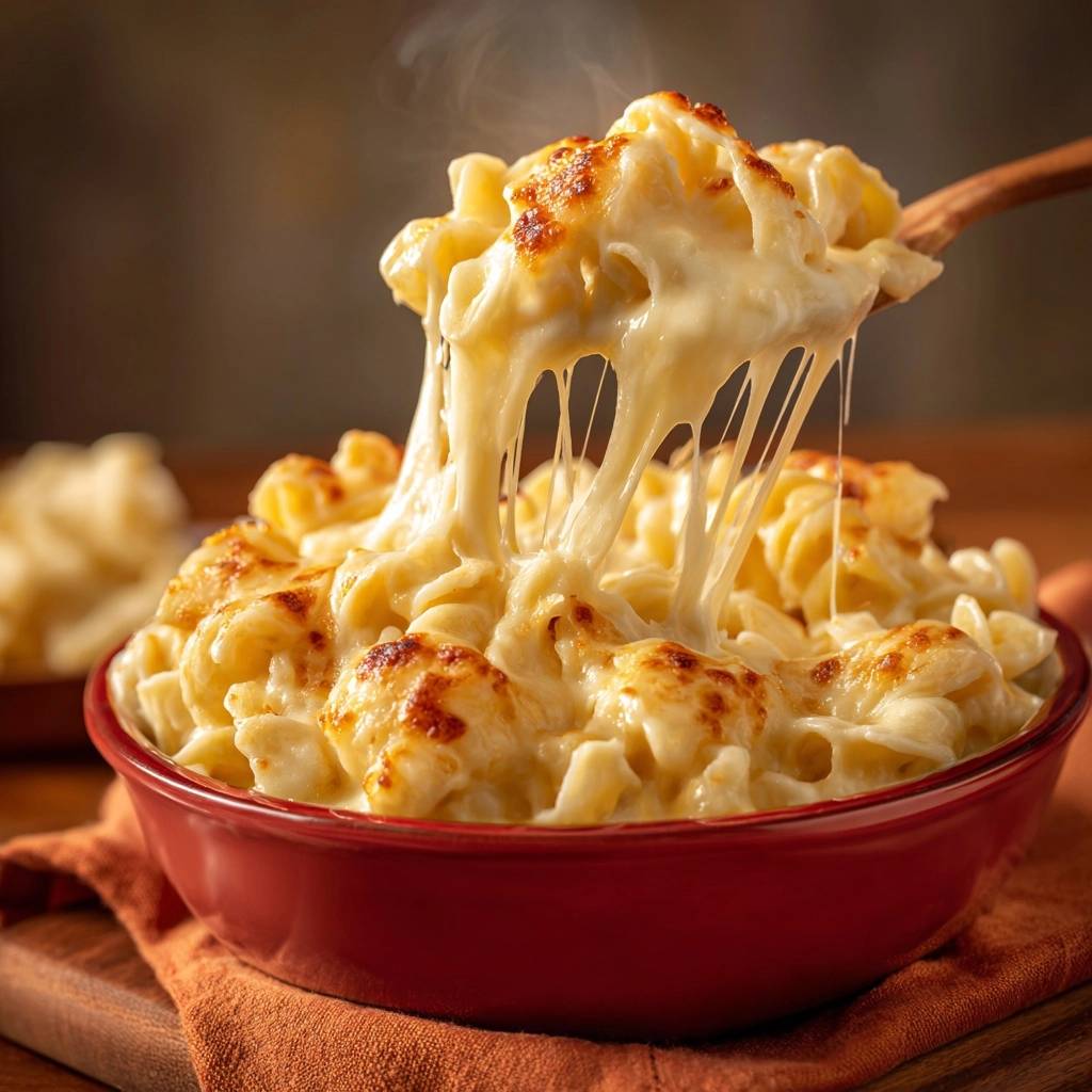Cremiges Ofen-Mac and Cheese mit Käse, der Fäden zieht, serviert in einer roten Schüssel.
