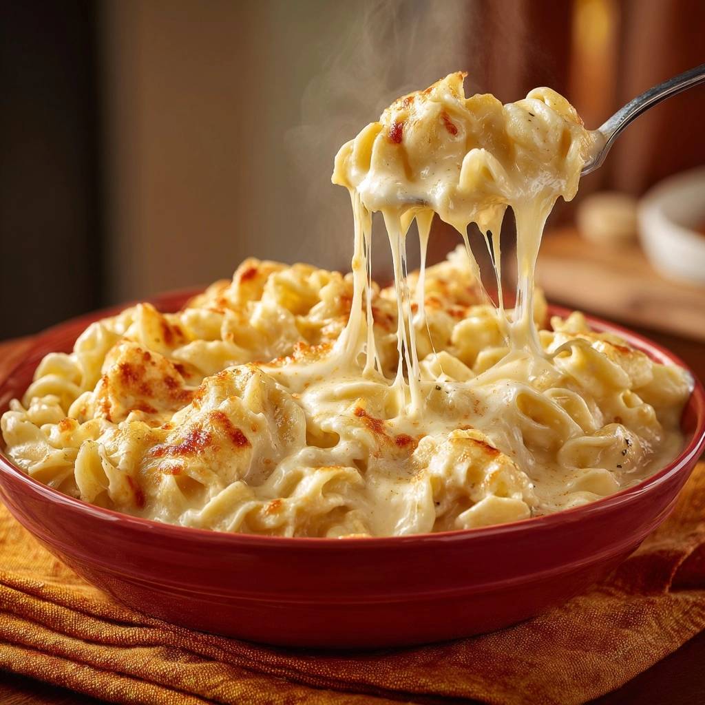 Cremiges Ofen-Mac and Cheese mit geschmolzenem Käse, der von einer Gabel gezogen wird