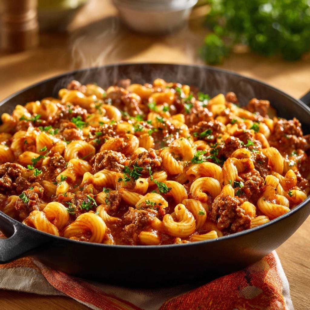 One-Pot-Hack-Makkaroni dampfend in einer Pfanne serviert, mit Hackfleisch und frischer Petersilie garniert.