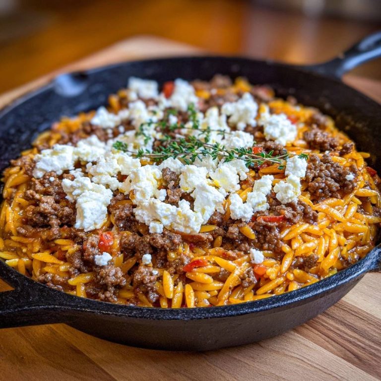 One-Pot-Orzo mit Hack, Paprika und Feta, garniert mit frischen Kräutern und serviert in einer gusseisernen Pfanne.