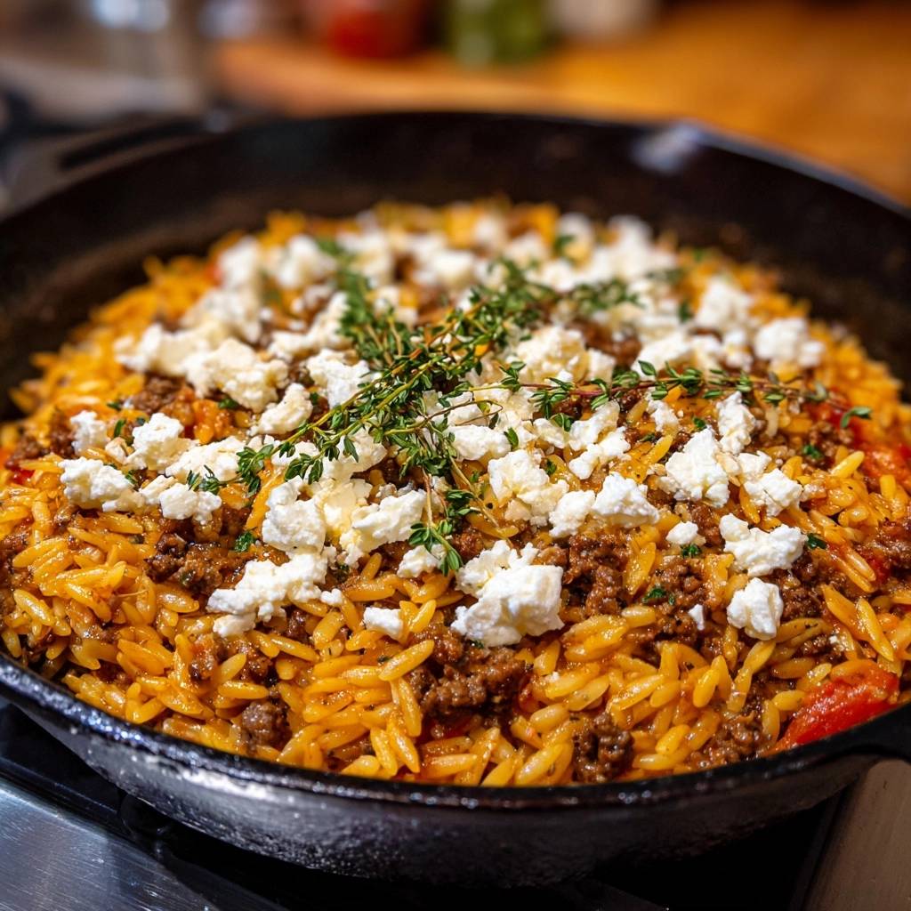 One-Pot-Orzo mit Hack, Paprika und Feta, garniert mit frischen Kräutern und zerbröckeltem Feta-Käse in einer Pfanne.